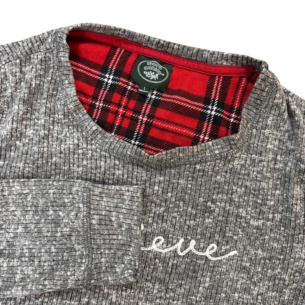 LAURA‎ ASHLEY Womens Pajama Top Large Gray Ribbed Plaid Believe Sleepwear
